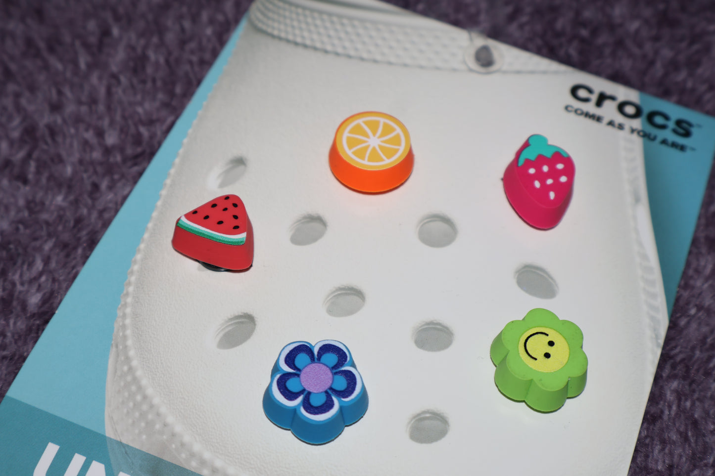 CROCS Jibbitz 5 Pack Fun Eraser Uniquely You Colorful Fruit Shaped NEW